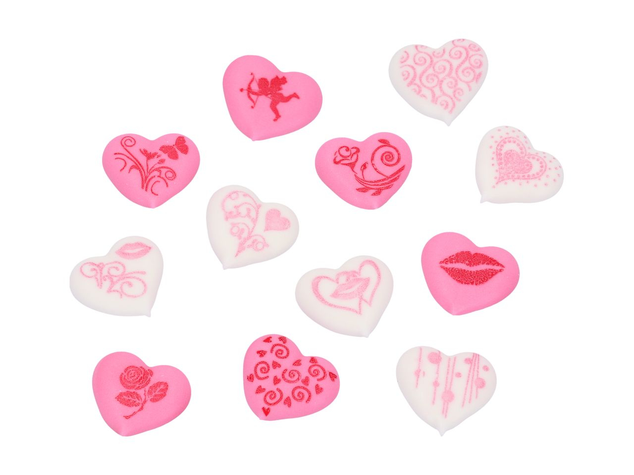 Herzen mit Motiven weiß-rosa Zucker 96 Stück